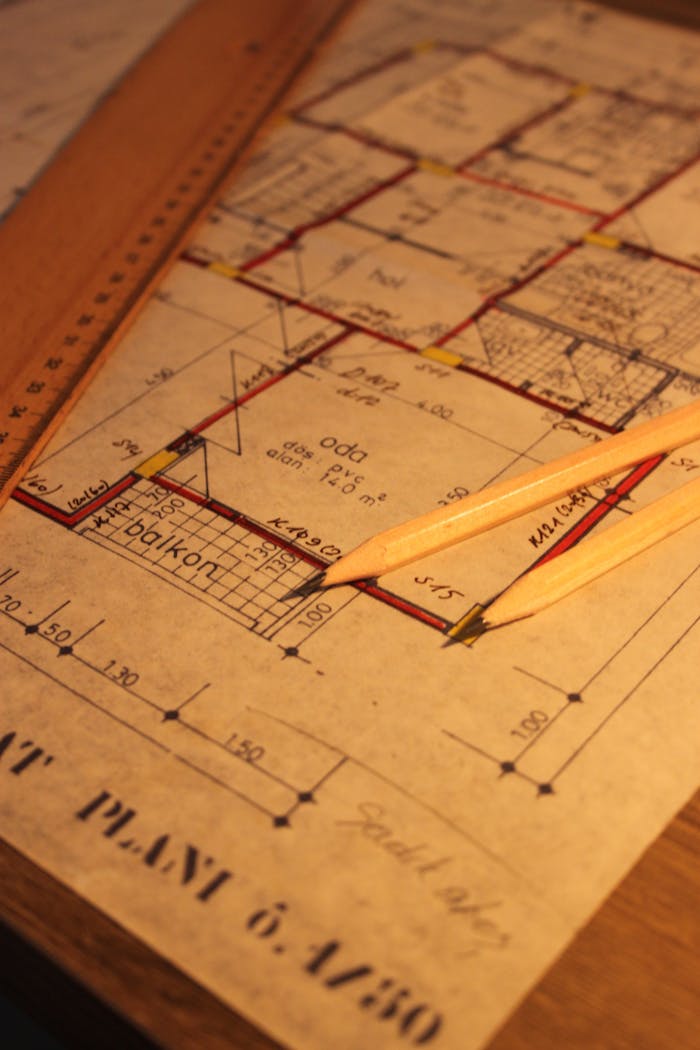 Services Close-up of architectural floor plan with pencil and ruler, ideal for design concepts.