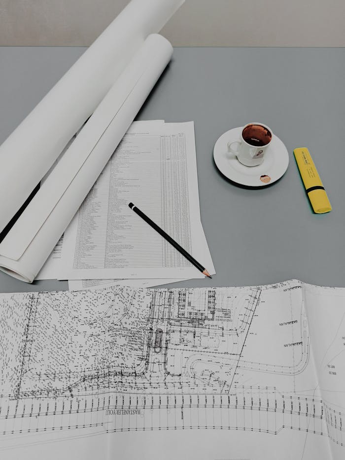 Architectural plans and a cup of coffee on a workspace desk. Ideal for design and planning concepts.